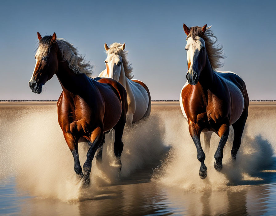 Three Galloping Horses Kicking Up Water Spray