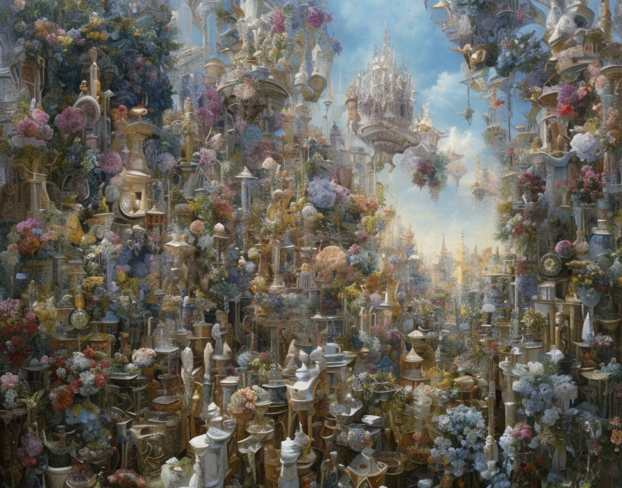 Fantastical cityscape with towering spires and intricate architecture