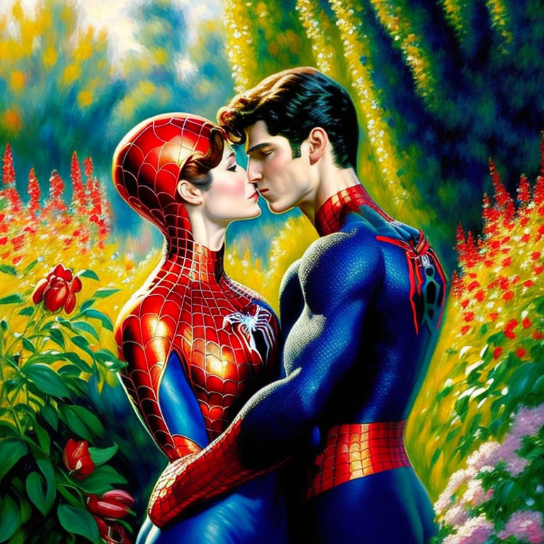 Superhero and woman kissing in lush garden costumes