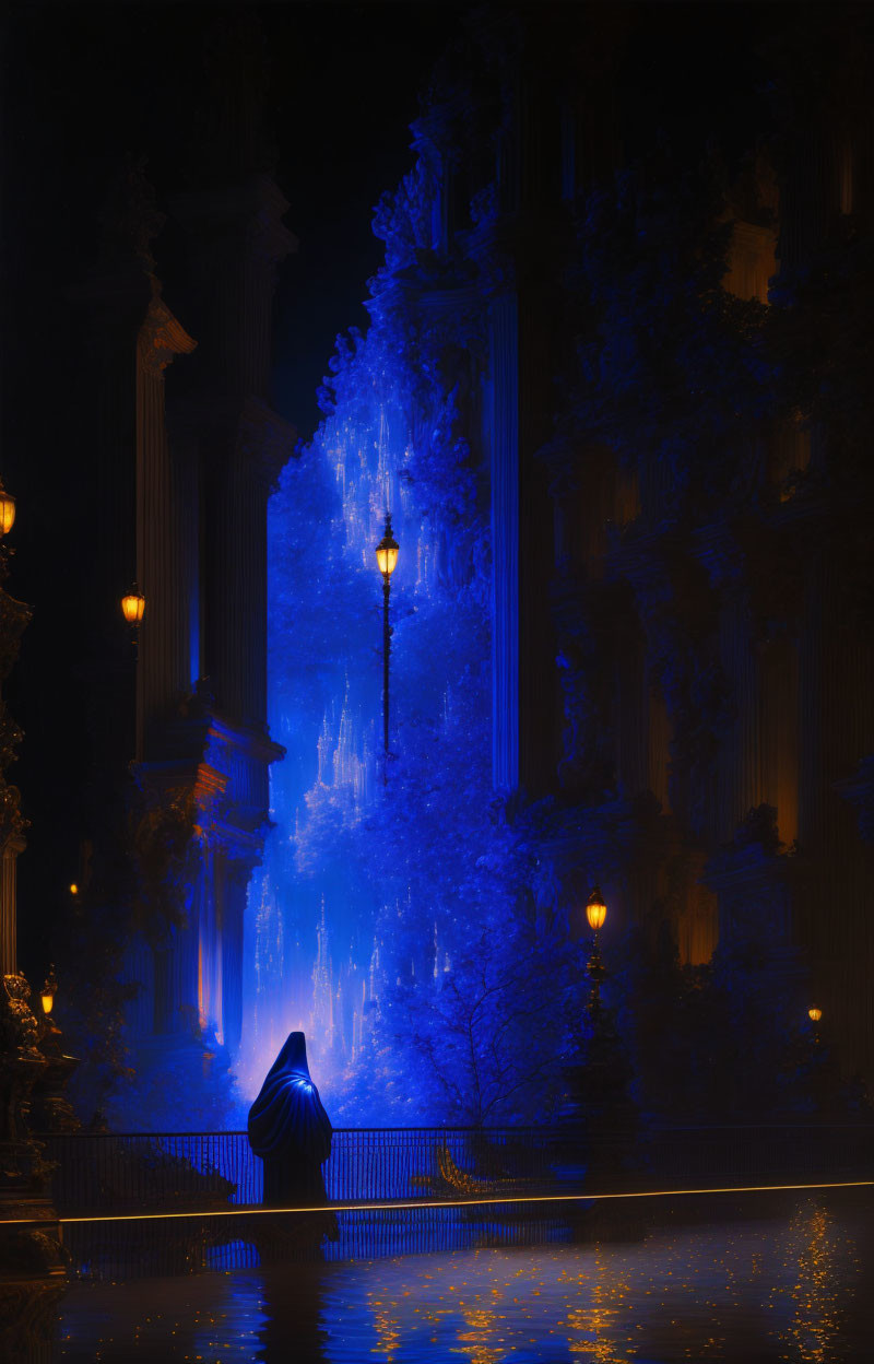 Solitary Figure at Illuminated Blue Fountain by Classical Columns