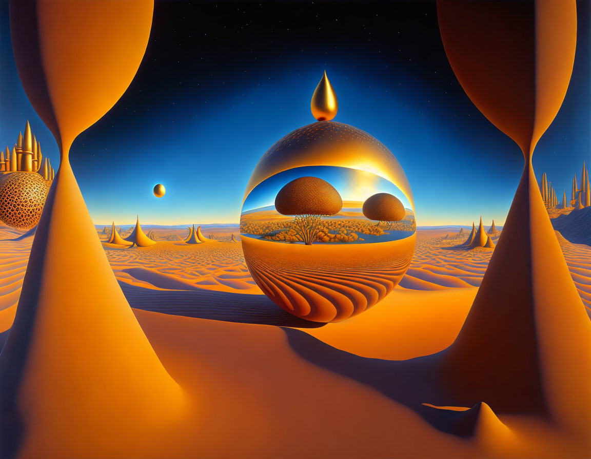 Surrealist landscape with glossy sphere, trees, arching forms, desert terrain, and starry