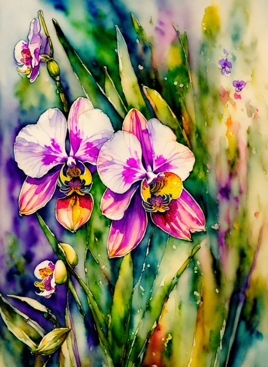 Delicate purple orchids in vibrant watercolor