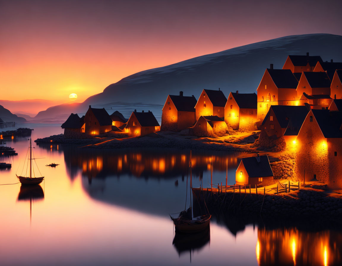 Tranquil evening scene: warm-lit houses, calm lake, boat, sunset, mountains