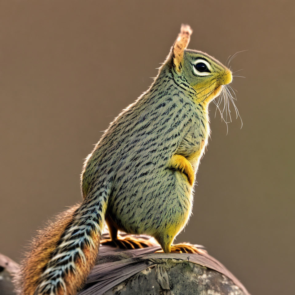 Striped chipmunk with bushy tail on rounded surface against soft-focus background