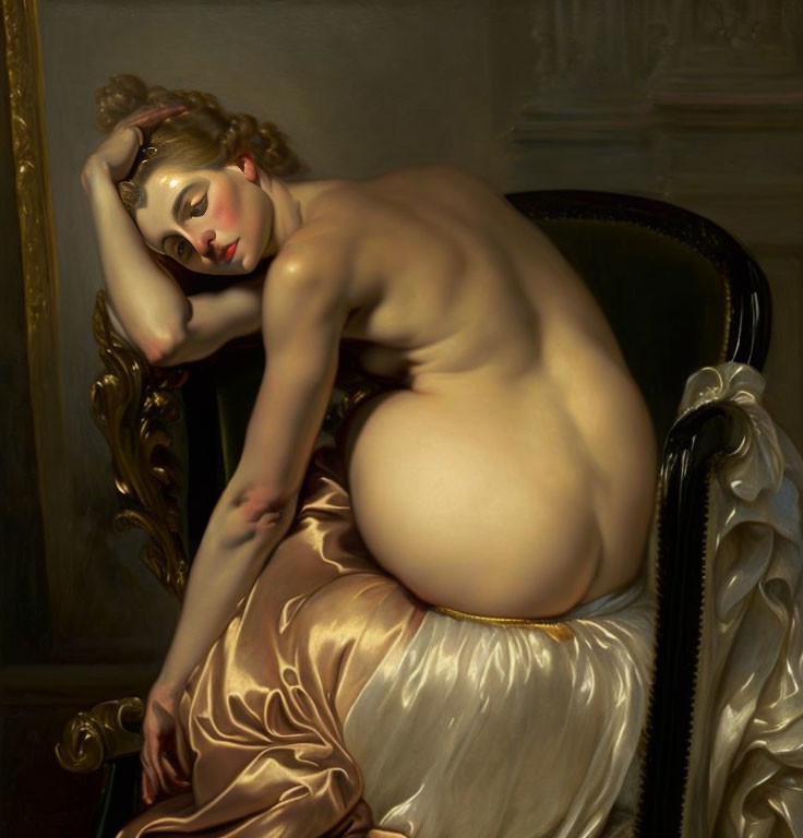 Classical-style painting of woman on luxurious chair in gold and white palette