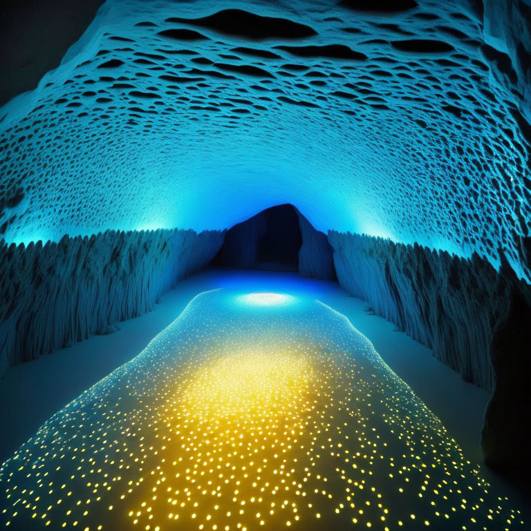 Blue Ceiling and Starry Floor in Illuminated Ice Cave