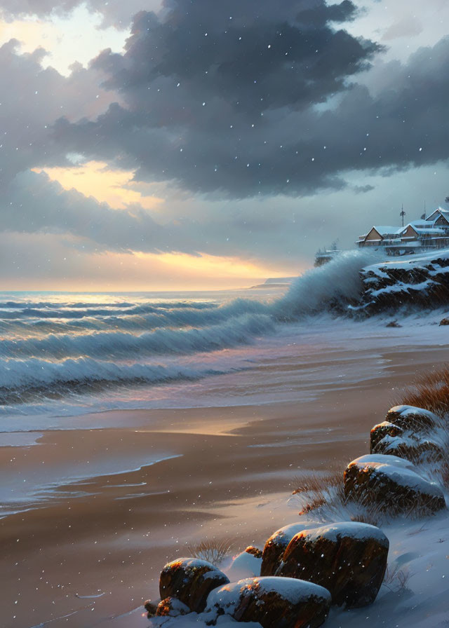 Winter Beach Sunset: Rough Waves, Snow, Cloudy Sky, Warm Glow