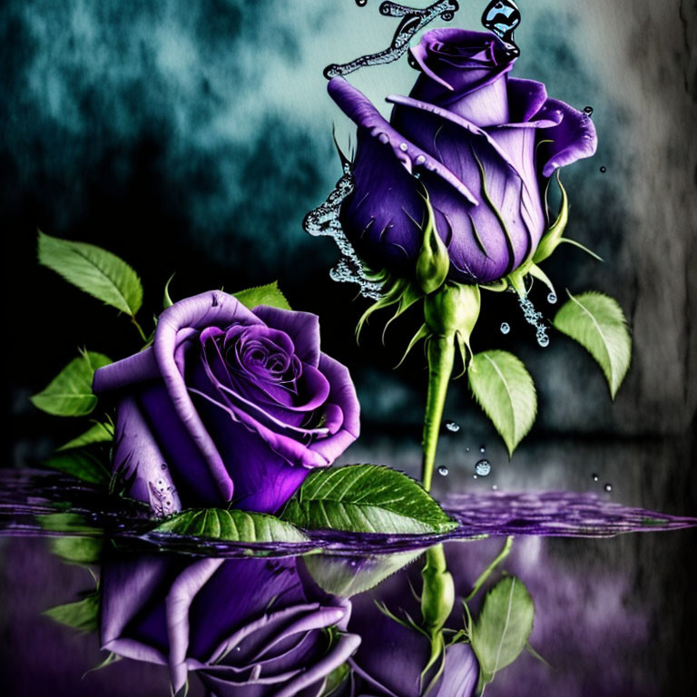 Two Purple Roses with Water Droplets on Reflective Surface