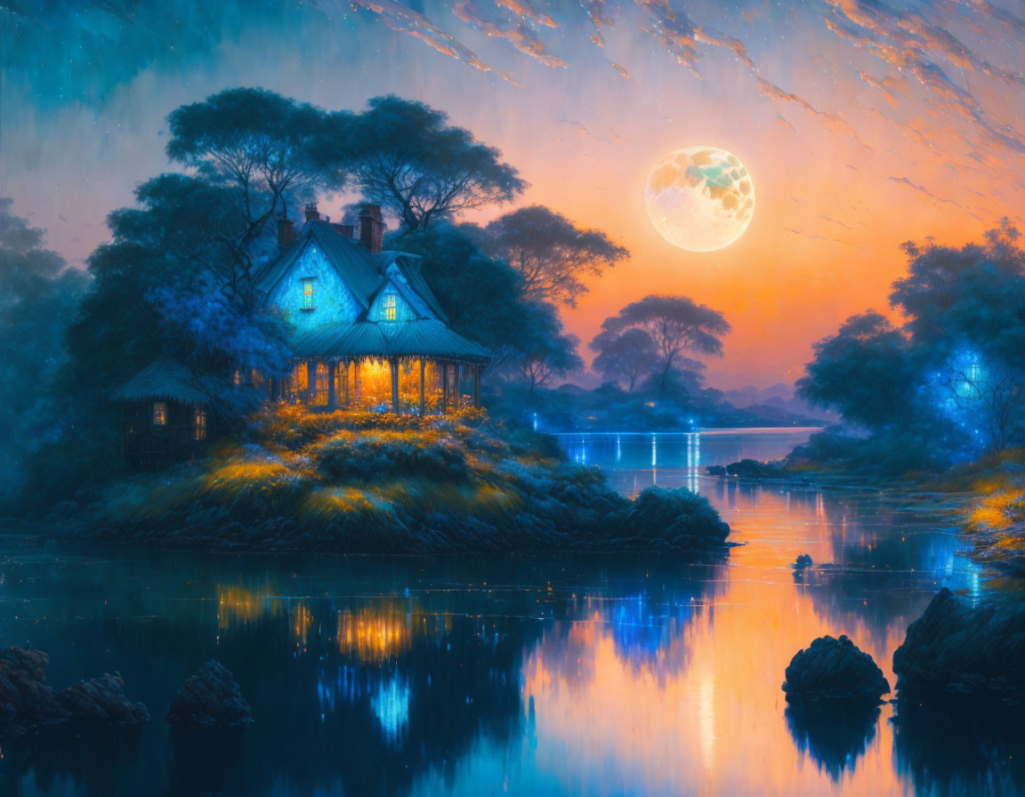 Quaint house on islet under full moon in surreal twilight