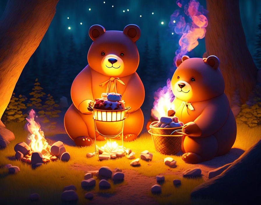 Glowing aura animated bears roasting marshmallows at night forest campfire