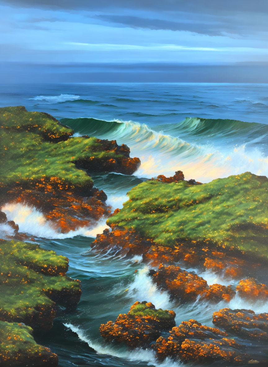 Scenic painting of rugged coastline with breaking waves and lush greenery