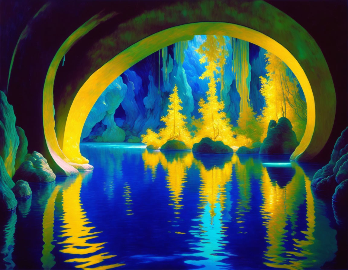 Mystical cave painting with luminescent water, golden trees, and blue rocks