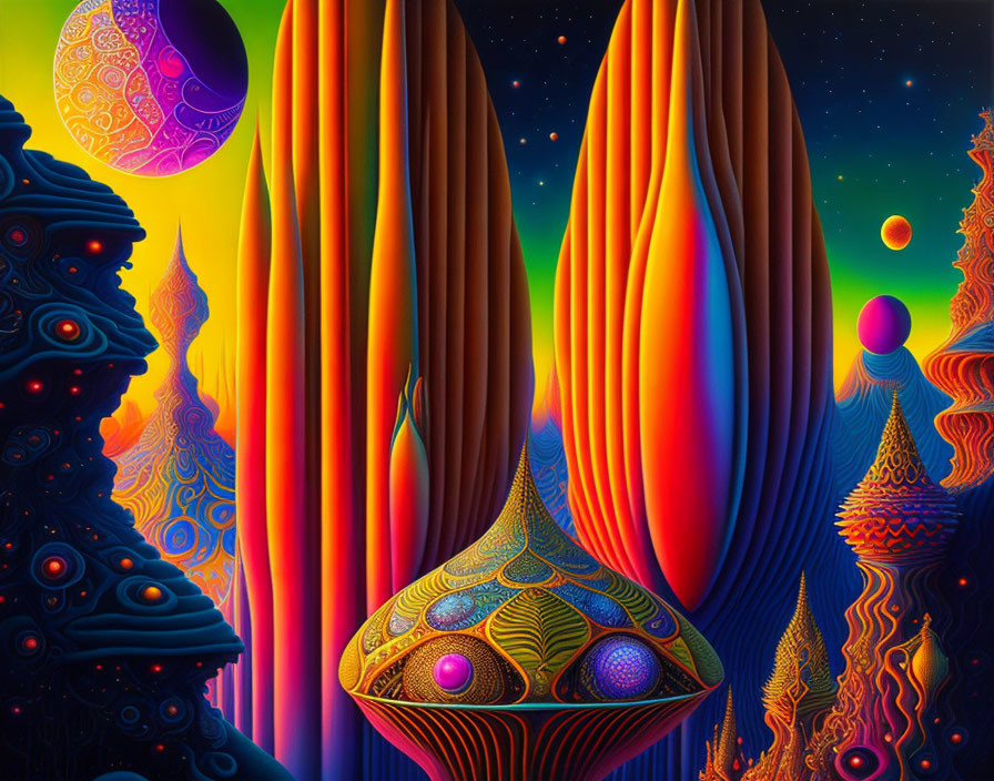 Colorful Psychedelic Landscape with Swirling Patterns and Celestial Elements