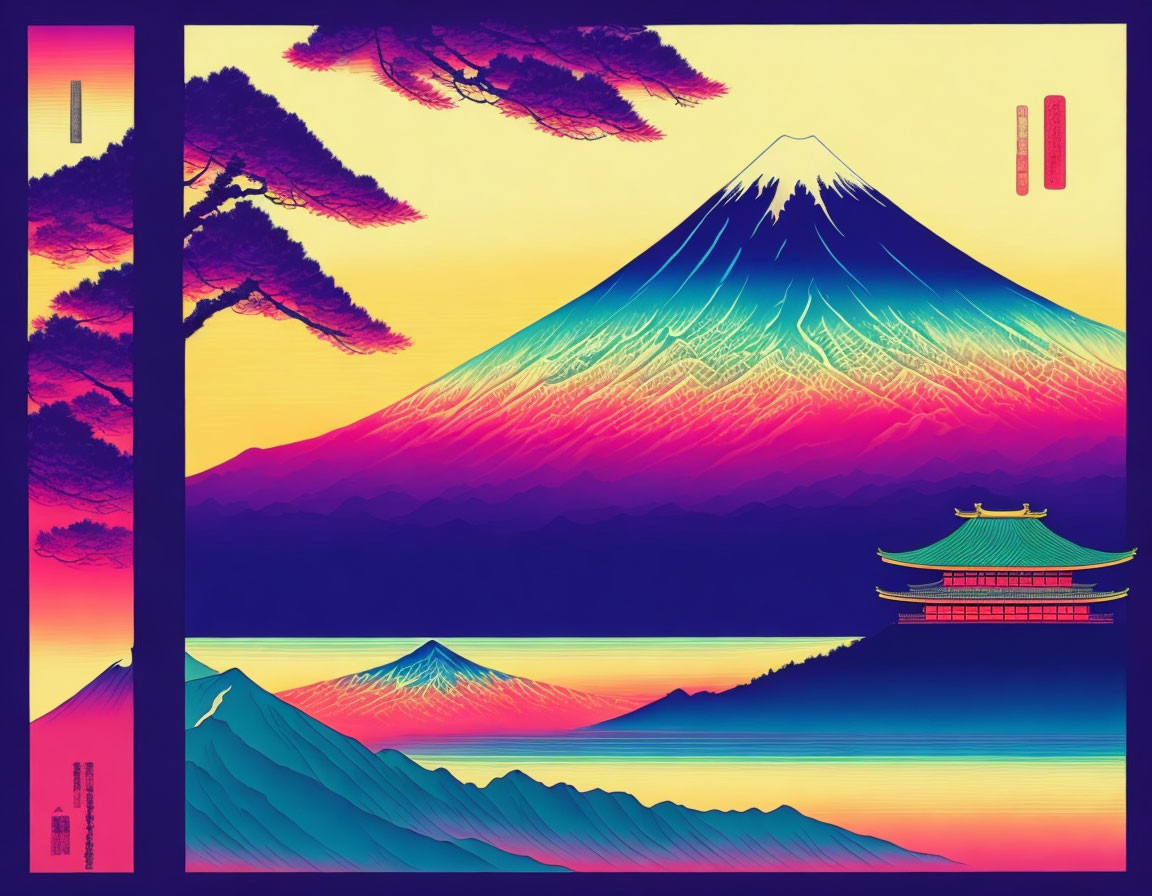 Colorful Mount Fuji digital artwork with Japanese temple and pine trees