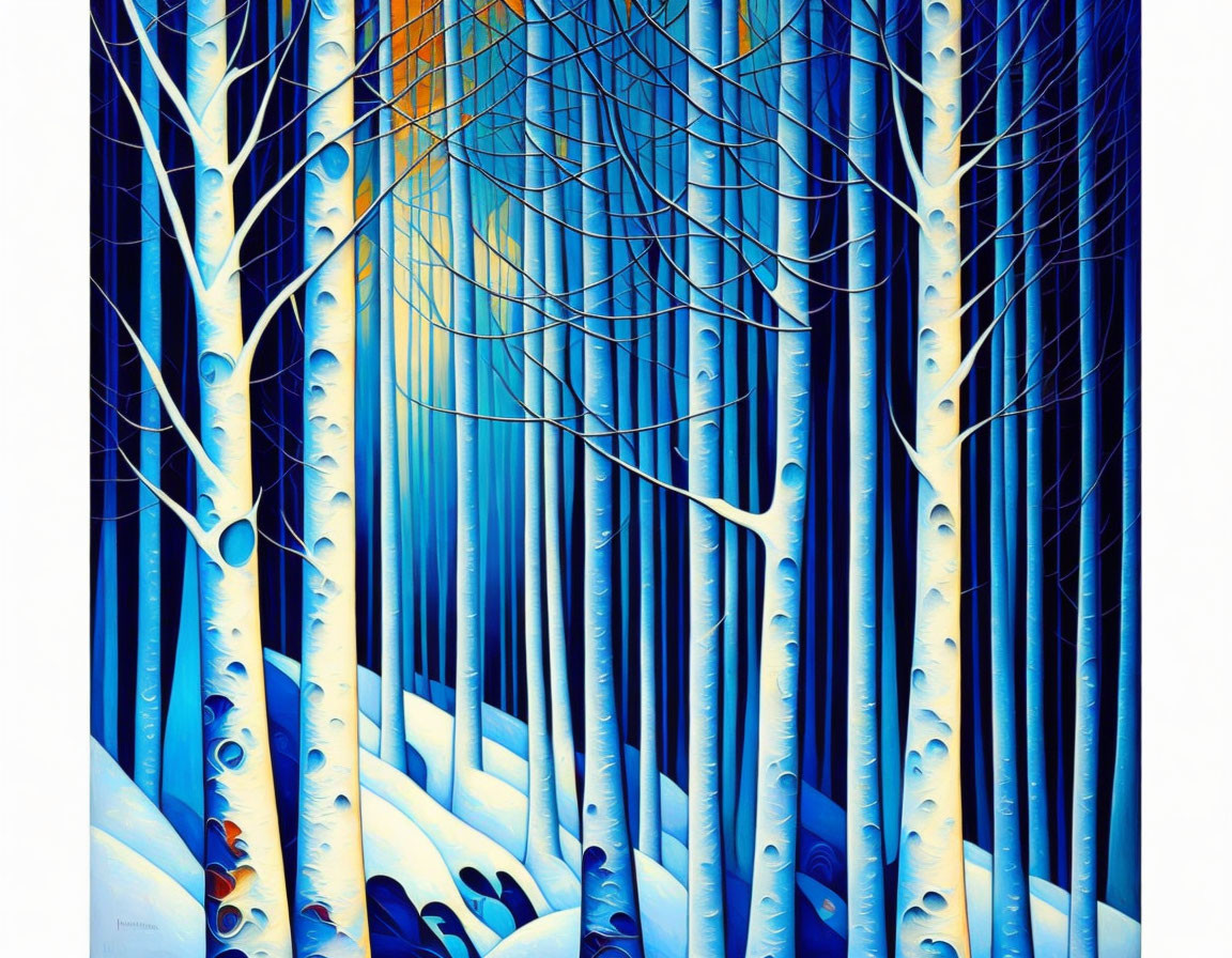 Snowy birch forest graphic: vivid blue tones, white tree trunks, dark background