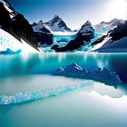 Blue glaciers and snow-covered mountains in a serene icy landscape