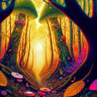 Colorful psychedelic forest with oversized mushrooms, trees, path, light, foliage & butterflies