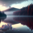 Tranquil lake scene with autumn trees, drifting leaves, boats, misty mountains.