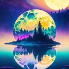 Vibrant digital art: Forested island, moons, starry sky