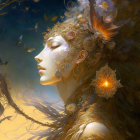 Ethereal woman with golden headpieces in magical setting