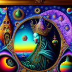 Colorful Surrealist Artwork: Serene Figure with Crown, Celestial Bodies, Eyes, Seas