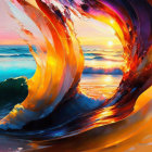 Colorful Stylized Wave Blending into Ocean Sunset