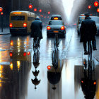 City street scene with pedestrians, cyclists, orange car, and vibrant city lights at dusk