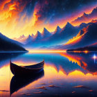 Tranquil digital art: serene lake, starry sky, mountains, solitary boat