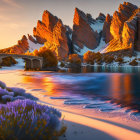 Scenic sunset over rugged mountain peaks and serene waters with purple wildflowers.