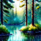 Tranquil forest landscape with tall pines, lake reflection, mist, and fireflies