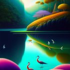 Colorful Landscape with Trees, Lake, Boat, Fish: Tranquil and Surreal