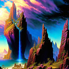 Majestic fantasy landscape with rock spires, waterfalls, lush greenery, turquoise lake,