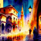 Colorful watercolor painting: Night street scene with glowing lamp posts, walking people, and illuminated buildings