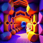 Colorful 3D tunnel with neon hexagonal patterns and bright circular opening