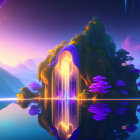 Fantasy landscape with glowing waterfall and floating mountains