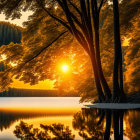 Tranquil Sunrise Scene: Silhouetted Trees and Lake Reflections