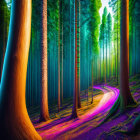 Vibrant surreal forest scene with wavy tree trunks and peacock in colorful setting