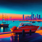 Colorful digital artwork of harbor at sunset with boats, city skyline, vivid sky, crescent moon