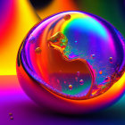 Colorful iridescent bubble with liquid formations on multicolored backdrop