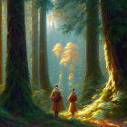 Mystical forest scene with two individuals walking under sunbeams