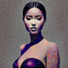 Digital illustration: Woman with cosmic skin pattern on gray background