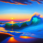 Vibrant sunset ocean wave painting with blue and orange colors