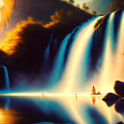 Majestic waterfall flowing into calm river under sunlit mist