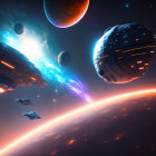 Colorful Sci-Fi Scene with Spaceships and Energy Beam in Starry Cosmos