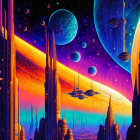 Colorful sci-fi cityscape with spires, spaceships, and moons in nebula sky