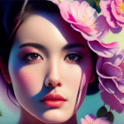 Digital painting of woman with flawless skin and cherry blossoms in hair