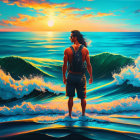 Man with long hair standing on shore under vibrant sunset with ocean waves.