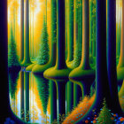 Surreal forest with tall tree trunks, glowing orbs, and vivid colors