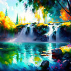 Vibrant forest painting with waterfall and serene lake