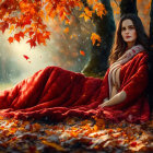 Woman in red blanket under autumn tree in golden forest.